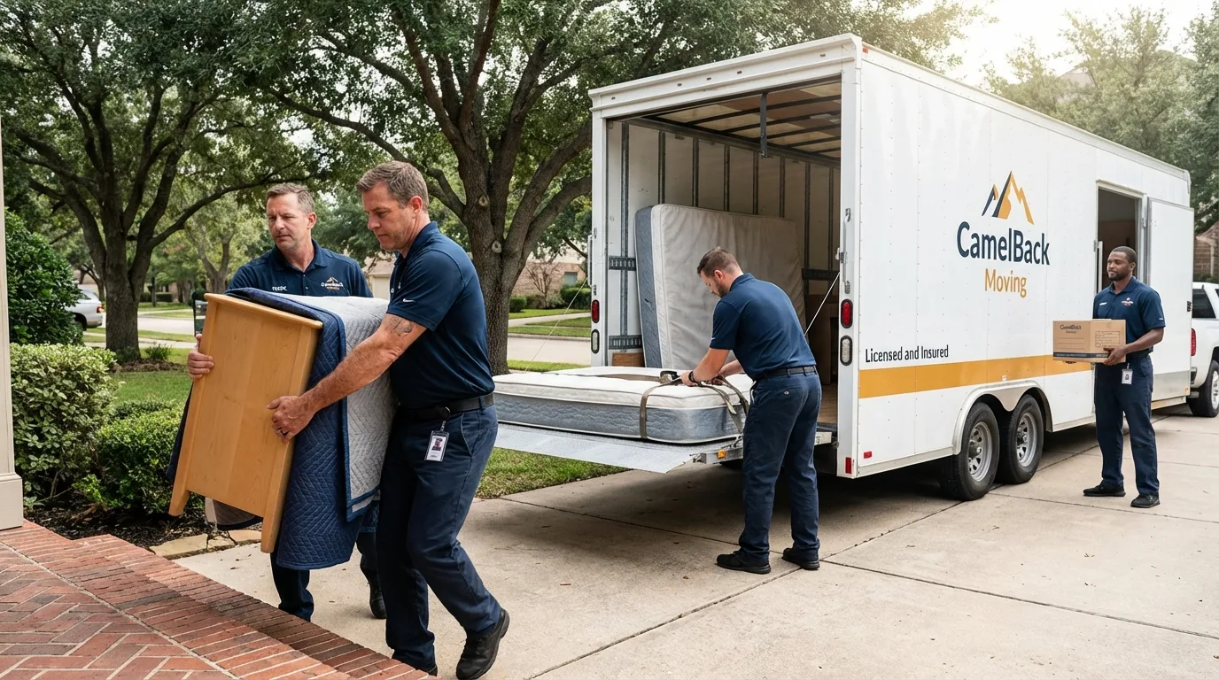 Crew loading residential truck for cross-state move from Lindsay, CA
