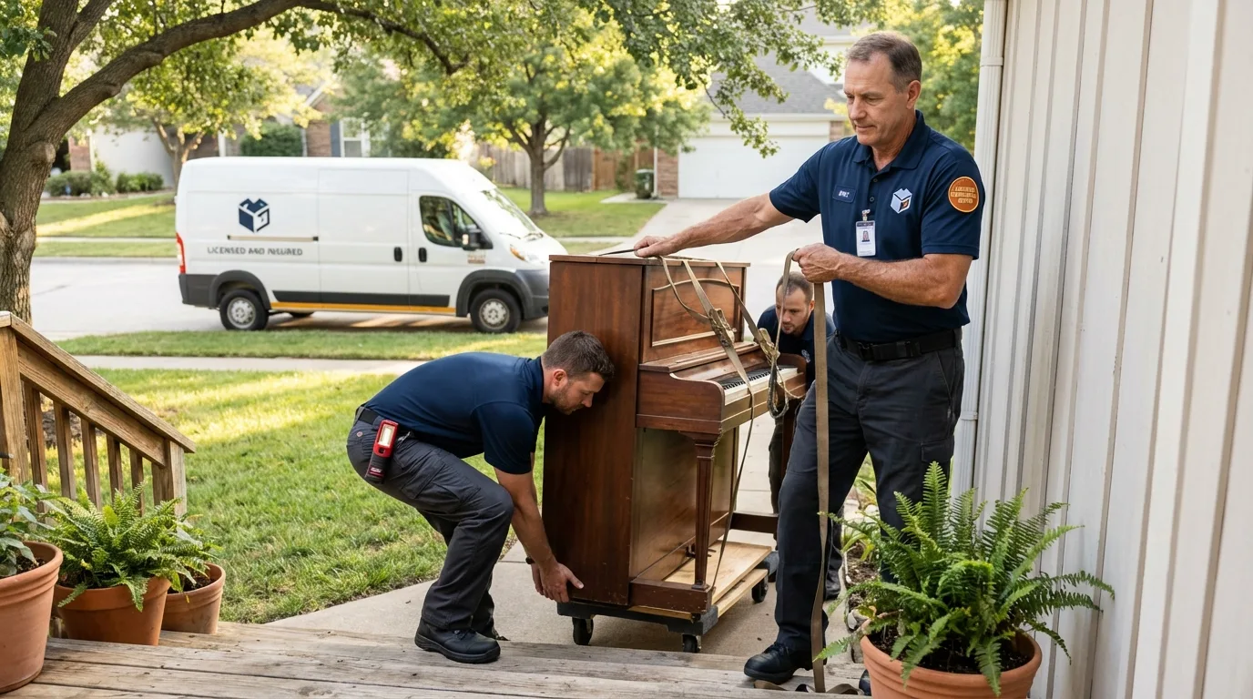 Licensed piano movers securing grand piano in Lindsay, CA