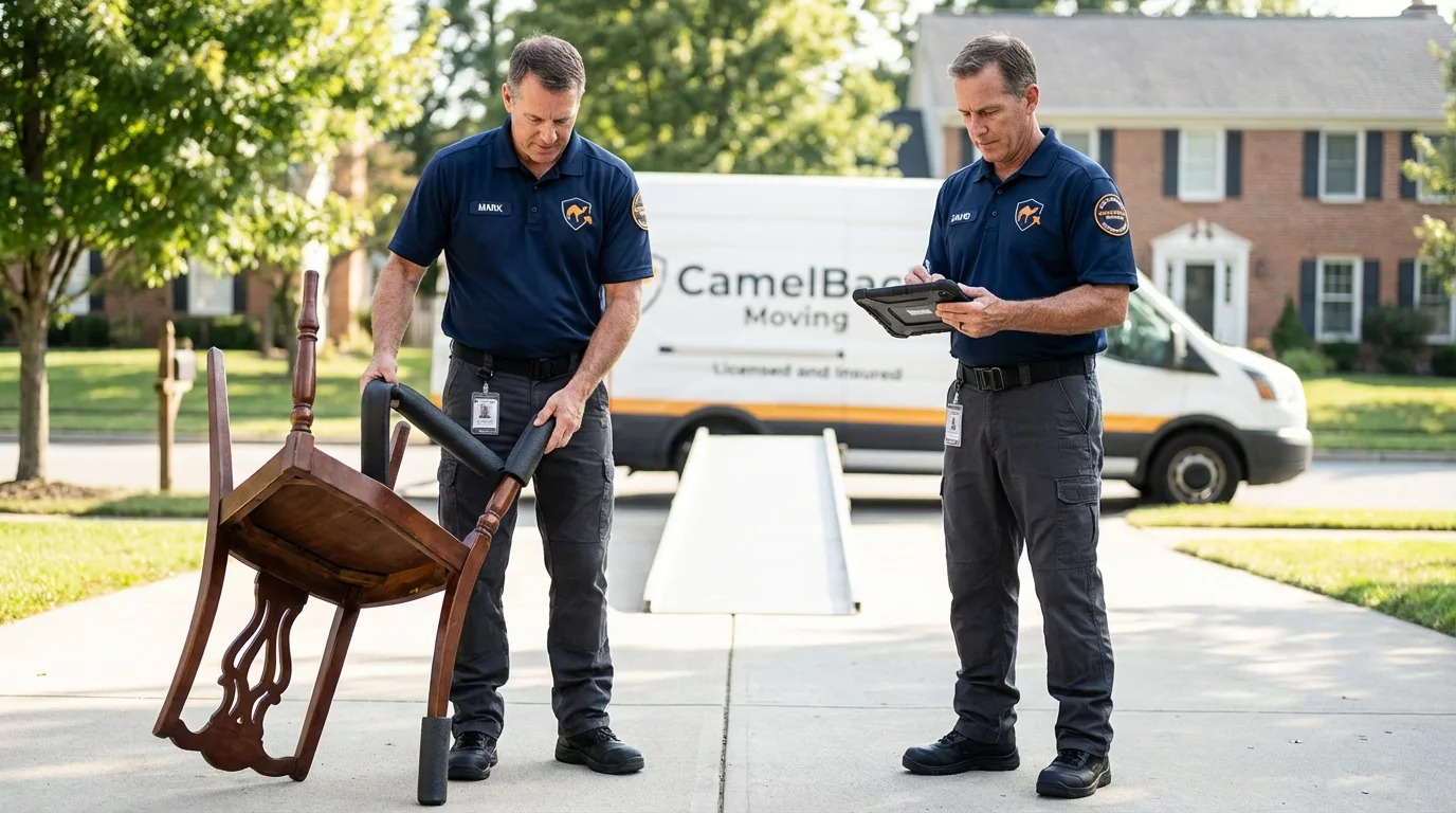 Movers inspecting furniture for damage prevention before loading in Lindsay, CA